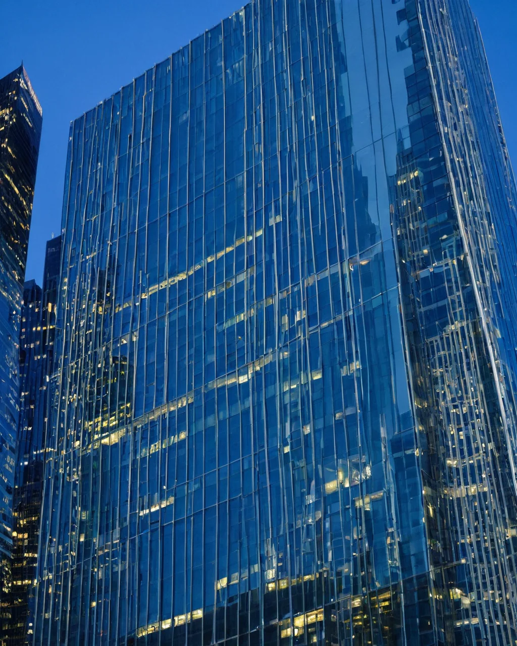 Towering glass skyscraper reflecting city lights and buildings at twilight