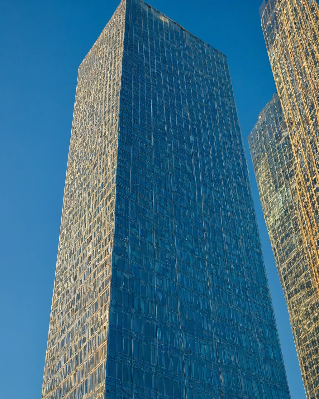 Towering glass skyscraper with blue reflective facade and golden sunlit edges against clear blue sky
