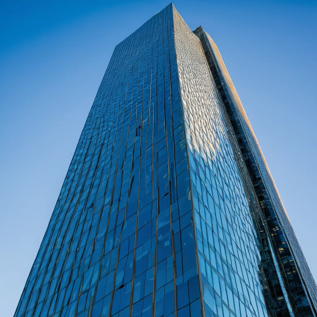 Towering glass skyscraper with blue reflective panels against clear blue sky