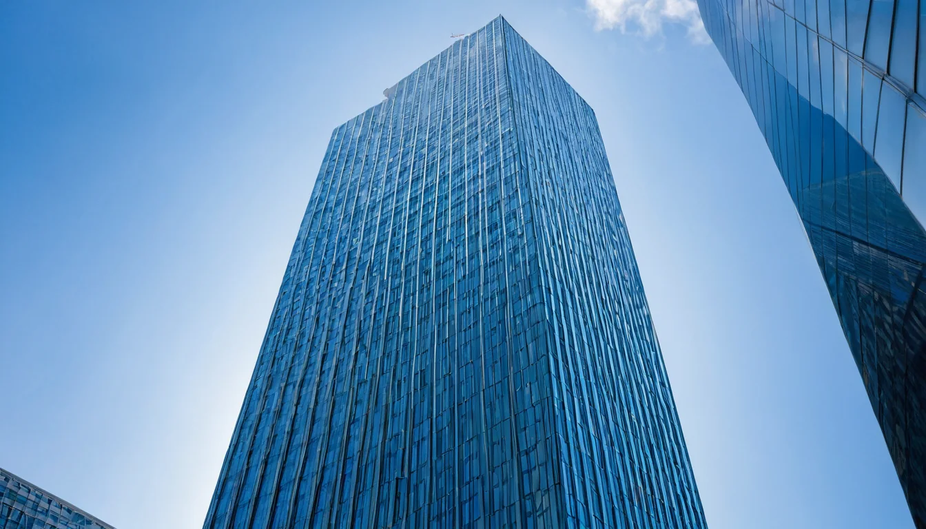 Towering glass skyscraper with reflective windows against a clear blue sky