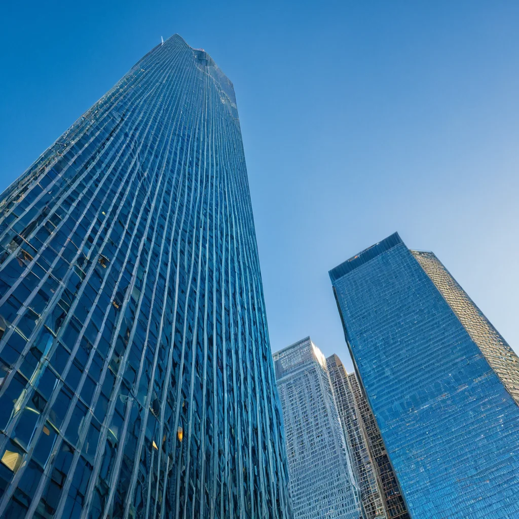 Towering glass skyscrapers rise against a clear blue sky with sunlight reflecting off their surfaces.