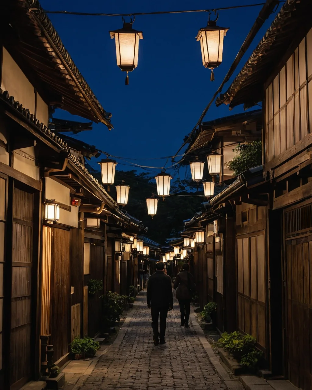 Two people walking down a lantern-lit traditional alley at night