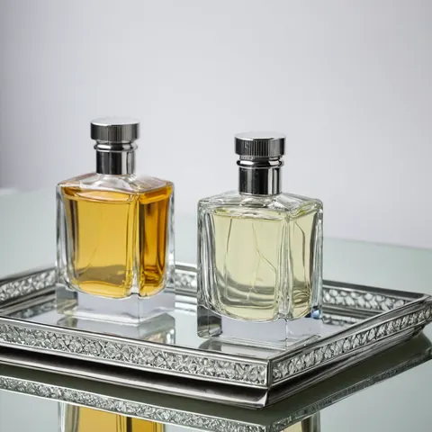 Two perfume bottles one amber one clear on a silver tray with mirrored surface