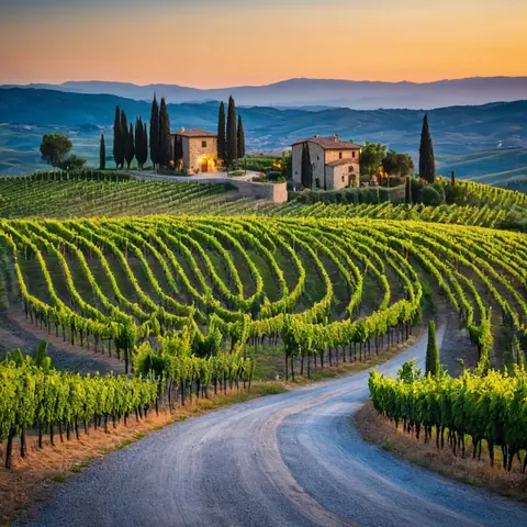 Winding gravel road through green vineyards leading to stone villas with cypress trees at sunset