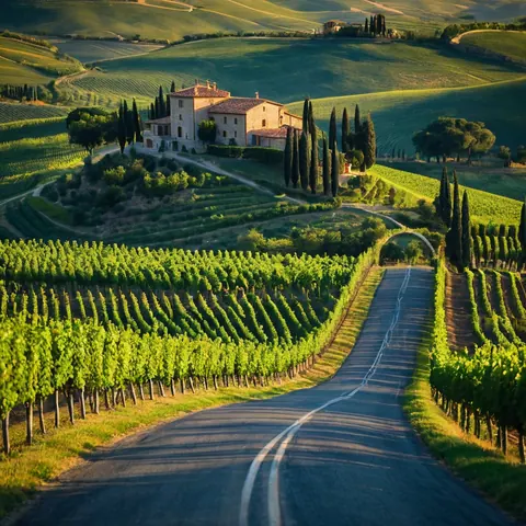 Winding road through vineyards leading to a stone villa on green hills with cypress trees