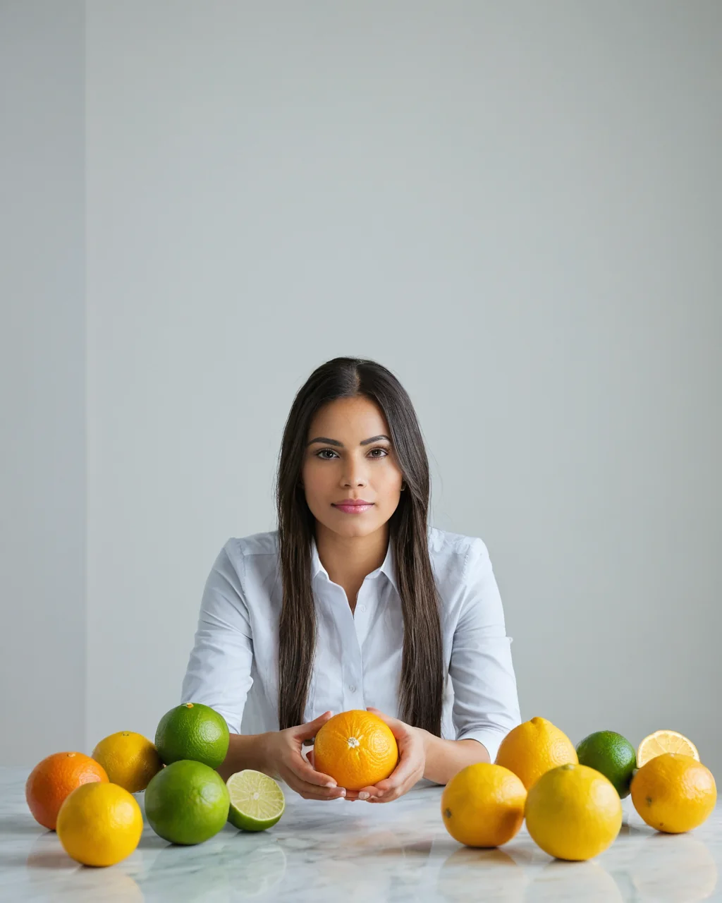 Woman holding orange surrounded by lemons and limes on marble table