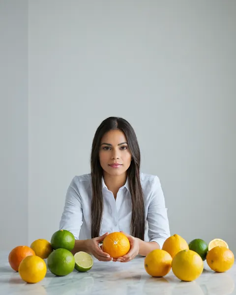 Woman holding orange surrounded by lemons and limes on marble table