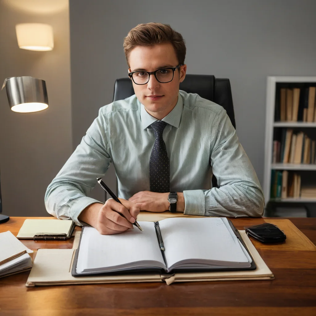 Young man in glasses writing in notebook at wooden desk in office